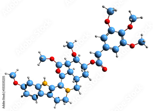  3D image of Rescinnamine skeletal formula - molecular chemical structure of  angiotensin-converting enzyme inhibitor isolated on white background
 photo