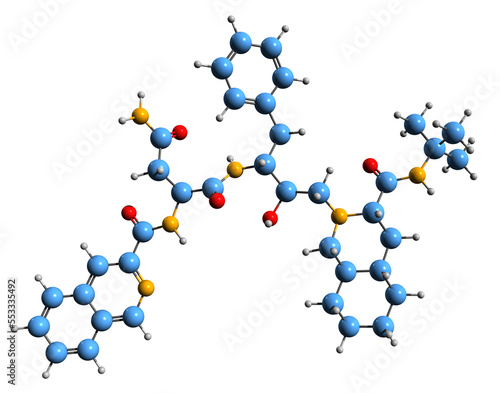  3D image of Saquinavir skeletal formula - molecular chemical structure of  antiretroviral drug isolated on white background
 photo