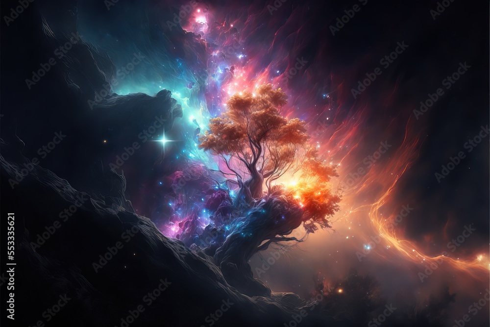 Galaxies and nebulas shaped like trees, with beautiful details on stars, planets, and universal energy