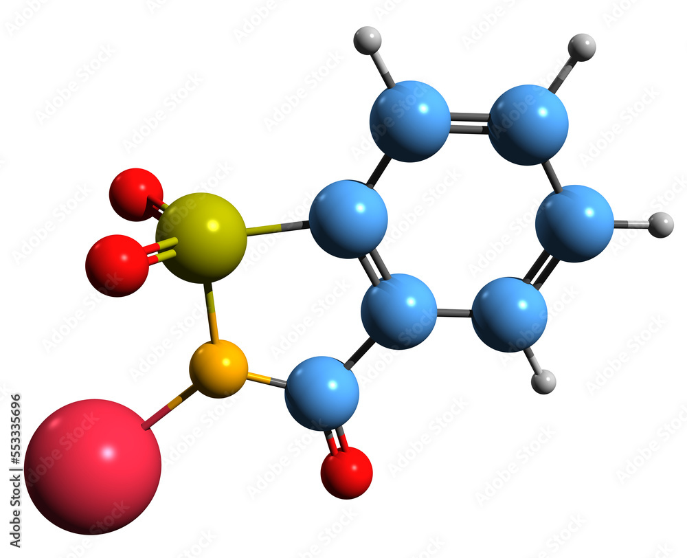 3D image of Saccharin sodium skeletal formula molecular chemical structure of artificial