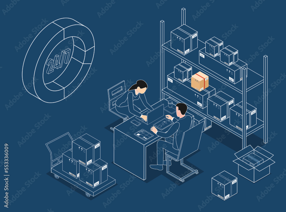 3D isometric Online delivery concept with a man and a woman decide the delivery addresses for packages in the warehouse. Vector illustration eps10