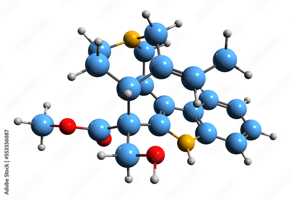  3D image of Stemmadenine skeletal formula - molecular chemical structure of terpene indole alkaloid isolated on white background