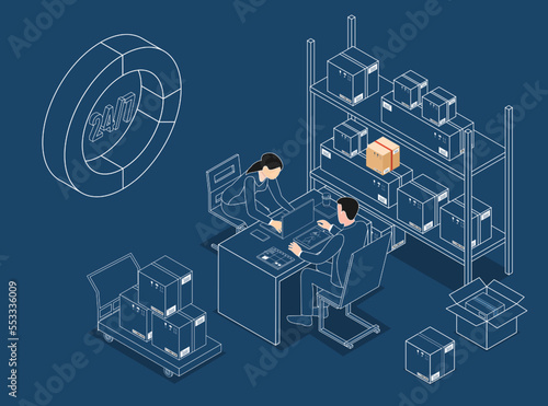 3D isometric Online delivery concept with a man and a woman decide the delivery addresses for packages in the warehouse. Vector illustration eps10