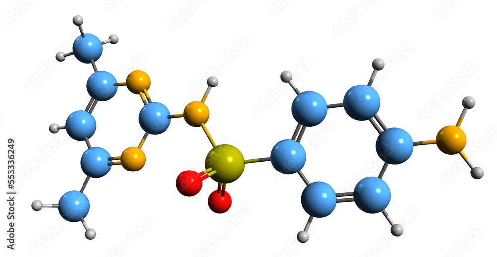 3D image of Sulfadimidine skeletal formula - molecular chemical structure of sulfonamide isolated on white background
3D image of Sulfadimidine skeletal formula - molecular chemical structure of sulfonamide isolated on white background
