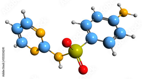  3D image of Sulfadiazine skeletal formula - molecular chemical structure of sulfonamide isolated on white background
 photo