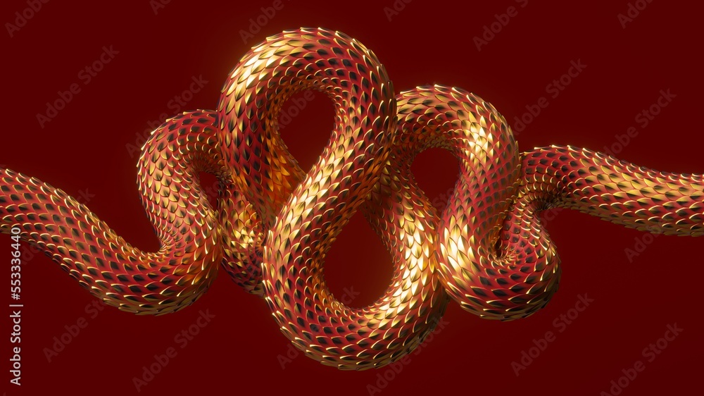 Obraz premium 3d render, abstract red background with golden wavy snake, shiny metallic chinese dragon scales texture, unique wallpaper