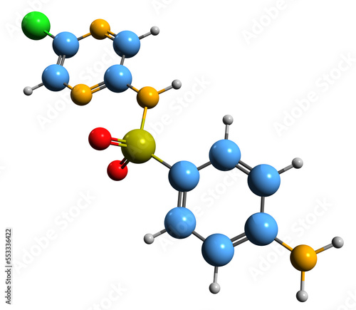  3D image of Sulfachloropyrazine skeletal formula - molecular chemical structure of sulfonamide isolated on white background
 photo