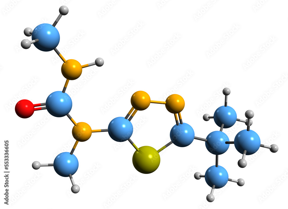 3D image of Tebuthiuron skeletal formula - molecular chemical structure of broad spectrum Herbicide isolated on white background
3D image of Tebuthiuron skeletal formula - molecular chemical structure of broad spectrum Herbicide isolated on white background