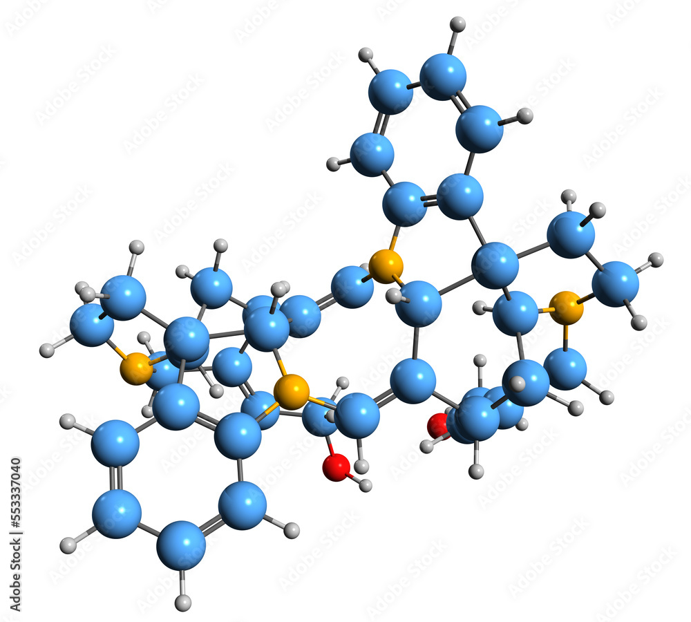 3D image of Toxiferine skeletal formula - molecular chemical structure of curare toxin isolated on white background 3D image of Toxiferine skeletal formula - molecular chemical structure of curare toxin isolated on white background