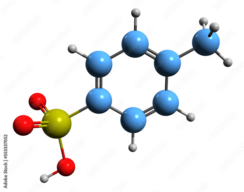 3D image of Toluenesulfonic acid skeletal formula - molecular chemical structure of 4-Methylbenzenesulfonic acid isolated on white background 3D image of Toluenesulfonic acid skeletal formula - molecular chemical structure of 4-Methylbenzenesulfonic acid isolated on white background