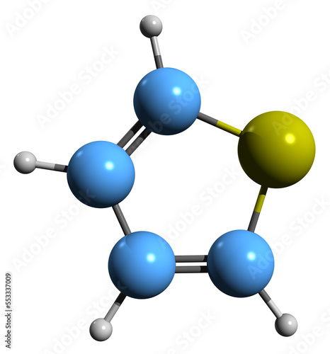  3D image of Thiophene skeletal formula - molecular chemical structure of Thiacyclopentadiene isolated on white background
