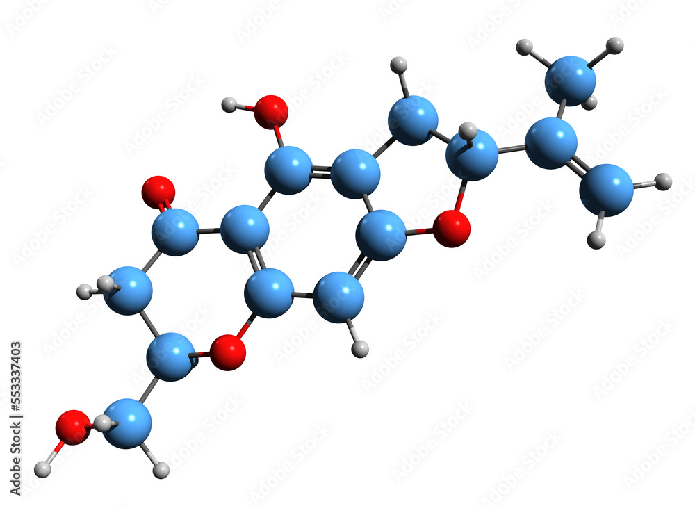 3D image of Umtatin skeletal formula - molecular chemical structure of phytochemical isolated on white background 3D image of Umtatin skeletal formula - molecular chemical structure of phytochemical isolated on white background