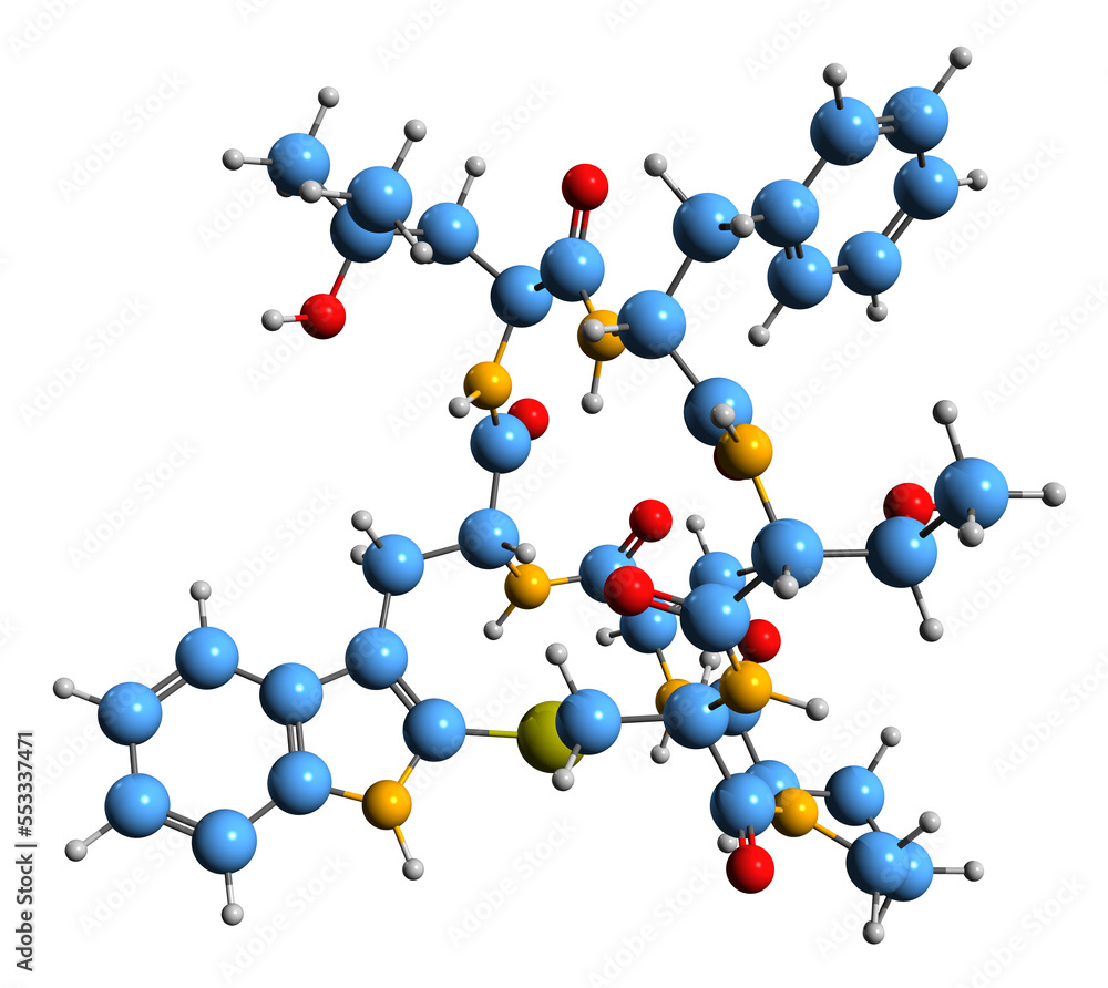3D image of Phallin B skeletal formula - molecular chemical structure of mycotoxin isolated on white background
3D image of Phallin B skeletal formula - molecular chemical structure of mycotoxin isolated on white background