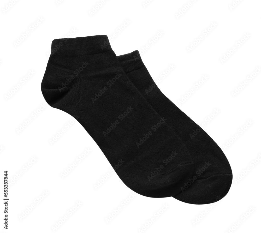 Pair of black socks on white background, top view Pair of black socks on white background, top view