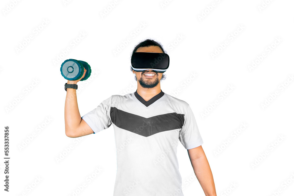 Happy man hold a barbell while wear VR headset