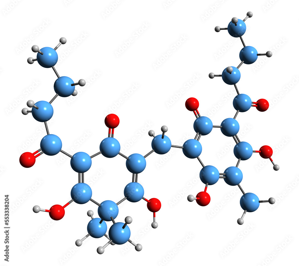 3D image of flavaspidin acid skeletal formula - molecular chemical structure of phytochemical isolated on white background 3D image of flavaspidin acid skeletal formula - molecular chemical structure of phytochemical isolated on white background