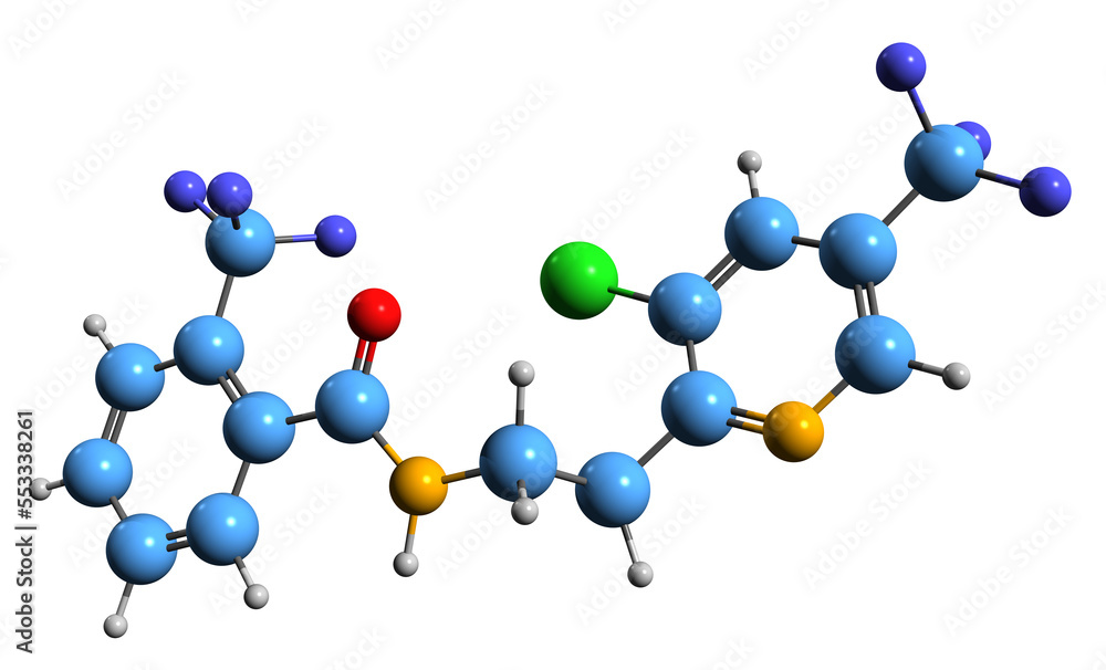 3D image of Fluopyram skeletal formula - molecular chemical structure of fungicide and nematicide isolated on white background 3D image of Fluopyram skeletal formula - molecular chemical structure of fungicide and nematicide isolated on white background