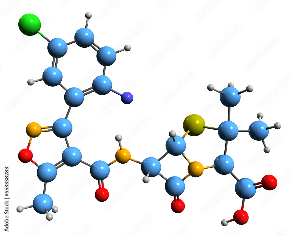 3D image of Flucloxacillin skeletal formula - molecular chemical structure of narrow-spectrum beta-lactam antibiotic isolated on white background
3D image of Flucloxacillin skeletal formula - molecular chemical structure of narrow-spectrum beta-lactam antibiotic isolated on white background
