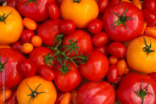 Fototapeta Naklejka Na Ścianę i Meble -  Tasty fresh tomatoes as background, top view