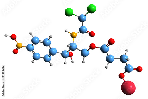  3D image of Chloramphenicol sodium succinate skeletal formula - molecular chemical structure of Broad spectrum antibiotic isolated on white background photo