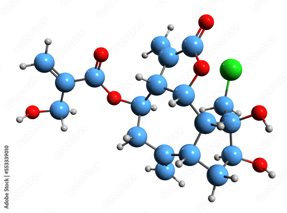 3D image of chlorojanerin skeletal formula - molecular chemical structure of sequiterpene lactone isolated on white background
3D image of chlorojanerin skeletal formula - molecular chemical structure of sequiterpene lactone isolated on white background