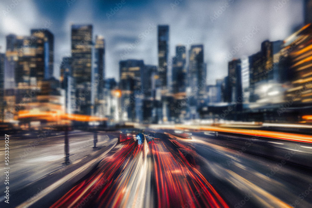 motion blur long exposure traffic at night in cityscape created using Generative AI