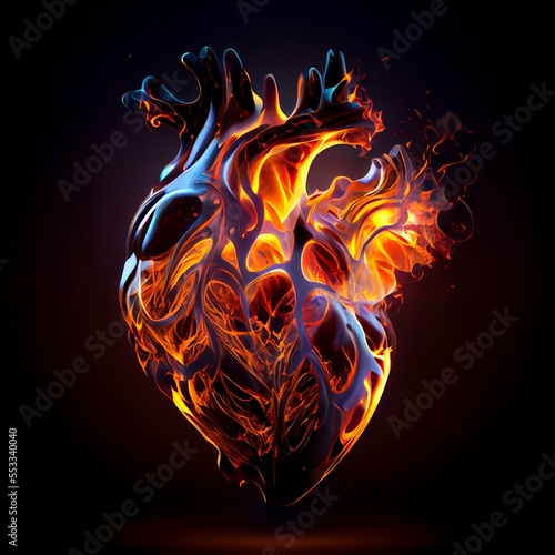 Human heart on fire flame isolated on black background. Love and passion symbolic artistic illustration. Decorative stone heart burning on fire poster.