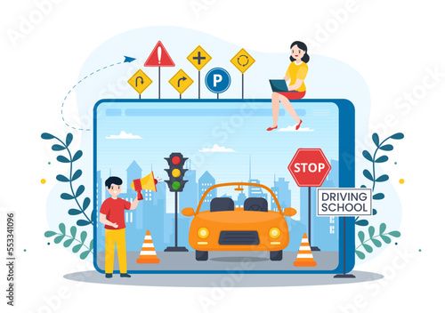 Driving School with Education Process of Car Training and Learning to Drive to Get Drivers License in Flat Cartoon Hand Drawn Templates Illustration