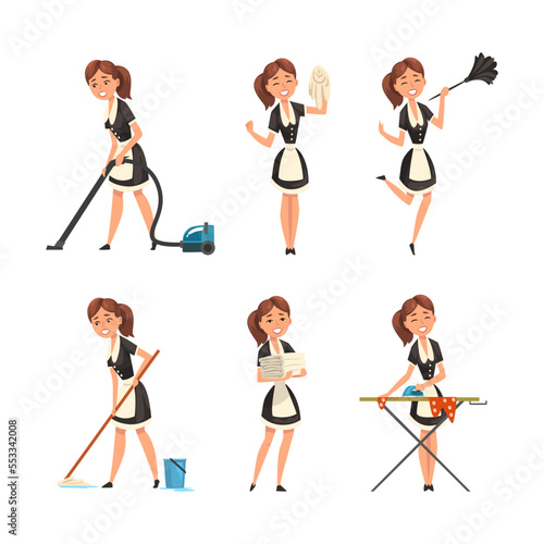 Smiling Maid or Housemaid in Black Dress and White Apron Dusting, Vacuum Cleaning, Mopping the Floor and Ironing Vector Set