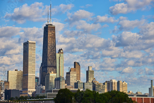 Chicago skyline in morning light with John Hancock skyscraper