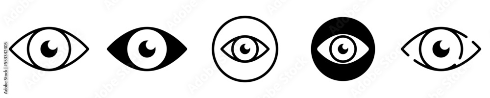 Conjunto de iconos de ojo. Vista. Concepto de ver, observar, revisar. Ojos de diferentes estilos. Ilustración vectorial Conjunto de iconos de ojo. Vista. Concepto de ver, observar, revisar. Ojos de diferentes estilos. Ilustración vectorial