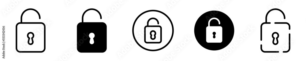 Conjunto de iconos de candado abierto. Desbloqueado. Concepto de seguridad y protección. Ilustración vectorial Conjunto de iconos de candado abierto. Desbloqueado. Concepto de seguridad y protección. Ilustración vectorial