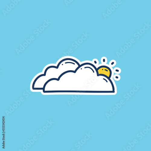 mostly cloudy weather icon doodle hand drawing outline fill style. sun behind cloud doodle icon