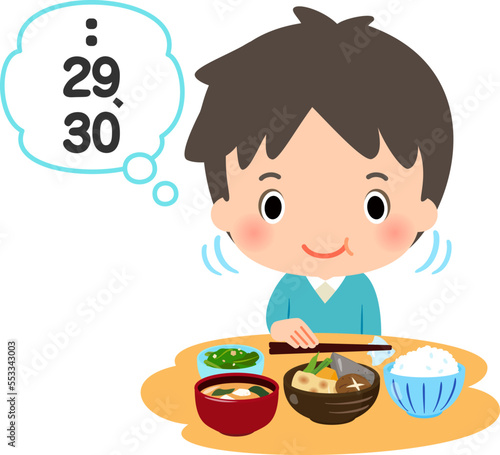 食事中に箸を置いて咀嚼回数を数える男性