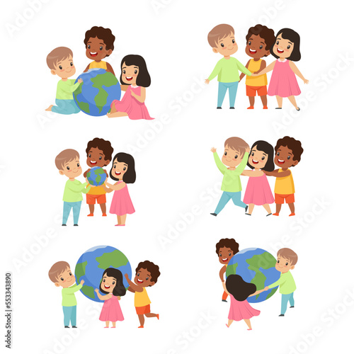 Earth Globe Day with Happy Kids and Sphere as Green Planet Protection Vector Set