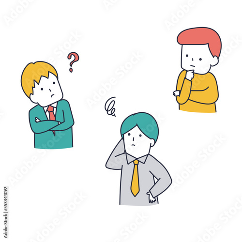 悩んだり考えたりする3人の男たち｜mayucolor09