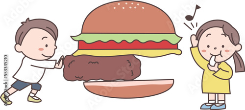 ハンバーガーを男の子と女の子で料理しているイラスト素材