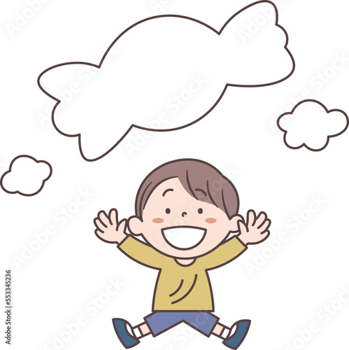 吹き出しになるアメ形の雲を見て喜ぶ男の子のイラスト素材