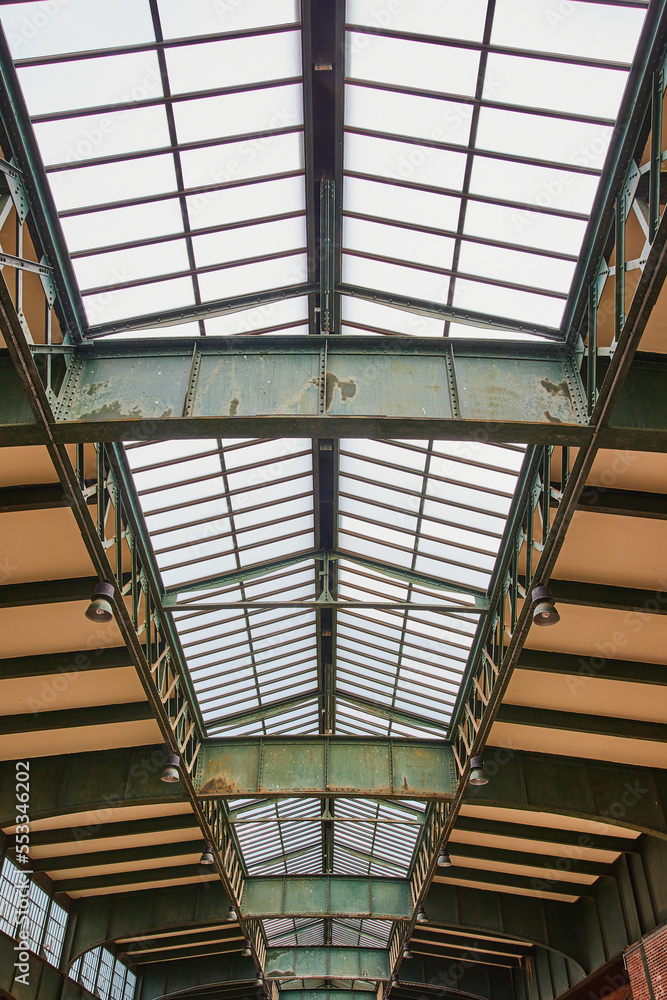 Detail of interior steel ceiling inside American abandoned train station