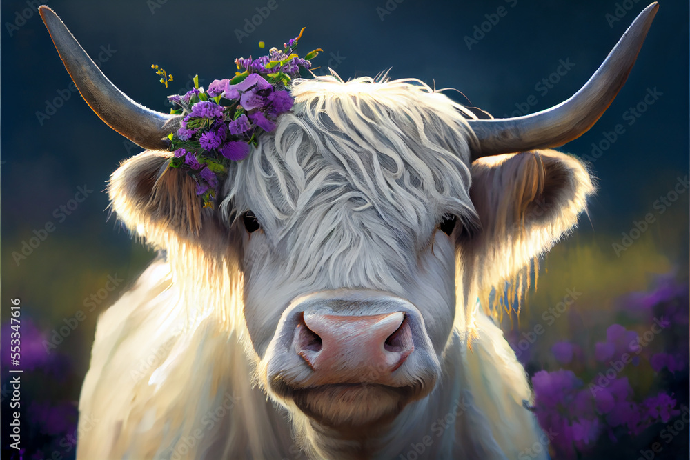Highland cow with flowers in its hair generative art Stock Illustration