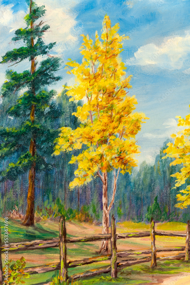 Closeup of an oil painting on canvas depicting a country road with white birch trees and woods in autumn. Traditional landscape painting. Impressionism. Art. Closeup of an oil painting on canvas depicting a country road with white birch trees and woods in autumn. Traditional landscape painting. Impressionism. Art.