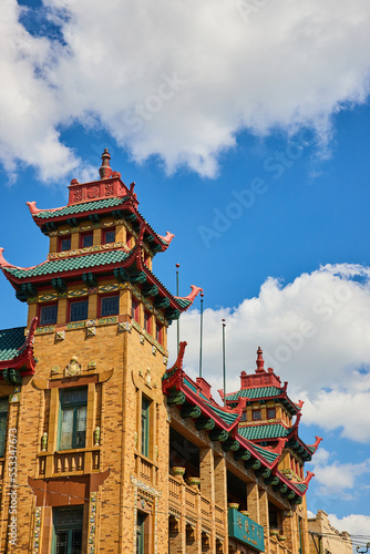 Chinatown tops of Asian style architecture exterior buildings in Chicago