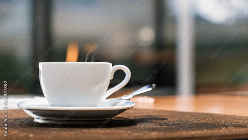 a cup of coffee on a table with relaxing dim light background, Generative AI