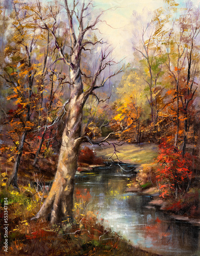 Fototapeta Naklejka Na Ścianę i Meble -  Vintage oil painting of colorful autumn colored woods and creek on canvas. Traditional landscape painting. Impressionism. Art.