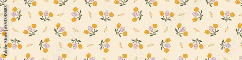 Natural allotment floral vector border. Seamless garden growing floral banner. Hand drawn decorative pretty botanical endless washi tape. 