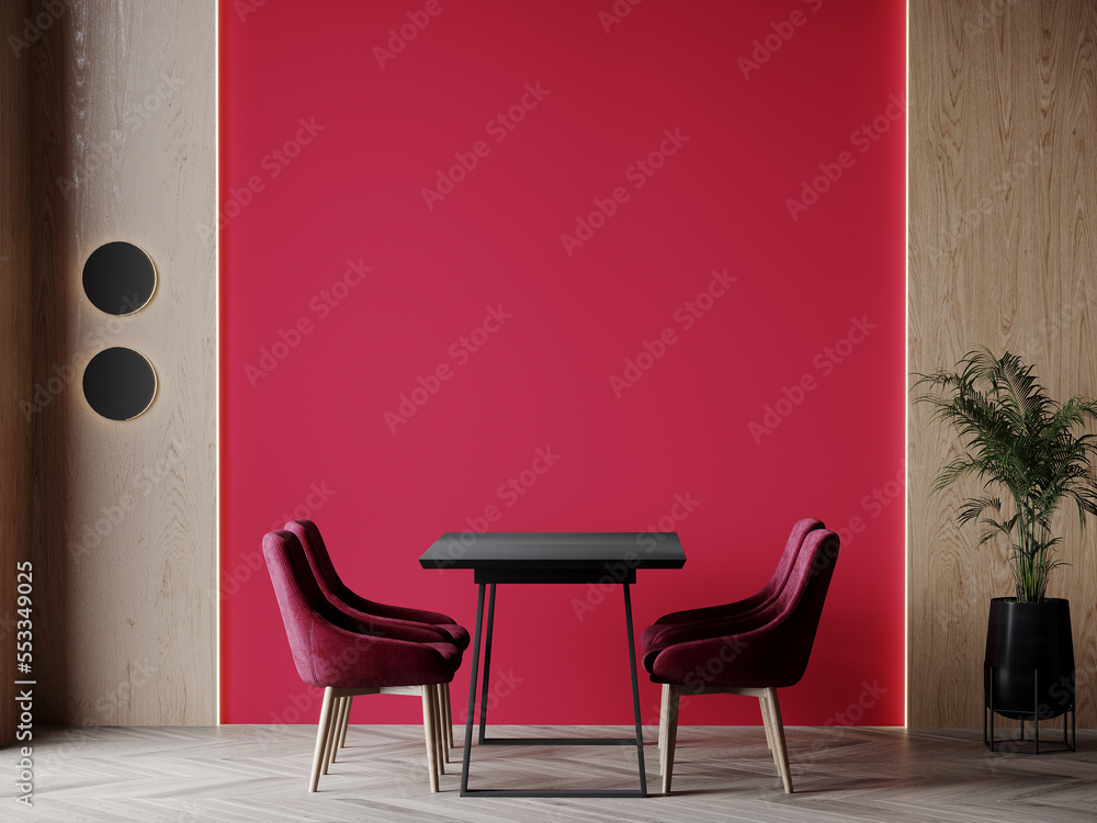 Bright viva magenta 2023 colour dining room. Black round table and colorful carmine red crimson chairs. Empty wall blank for art, frame or decor. Modern interior with accents and lamps. 3d render  - obrazy, fototapety, plakaty 