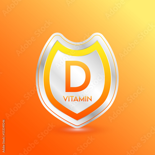 Vitamin D shield orange. Protect the body stay healthy. For nutrition products food. Metal aluminum label 3d isolated realistic on solid background. Medical scientific concepts. Vector illustration.