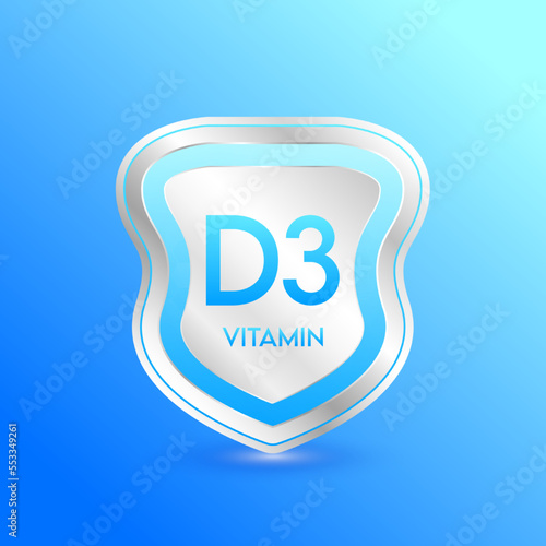 Vitamin D3 shield blue. Protect the body stay healthy. For nutrition products food. Metal aluminum label 3d isolated realistic on solid background. Medical scientific concepts. Vector illustration.