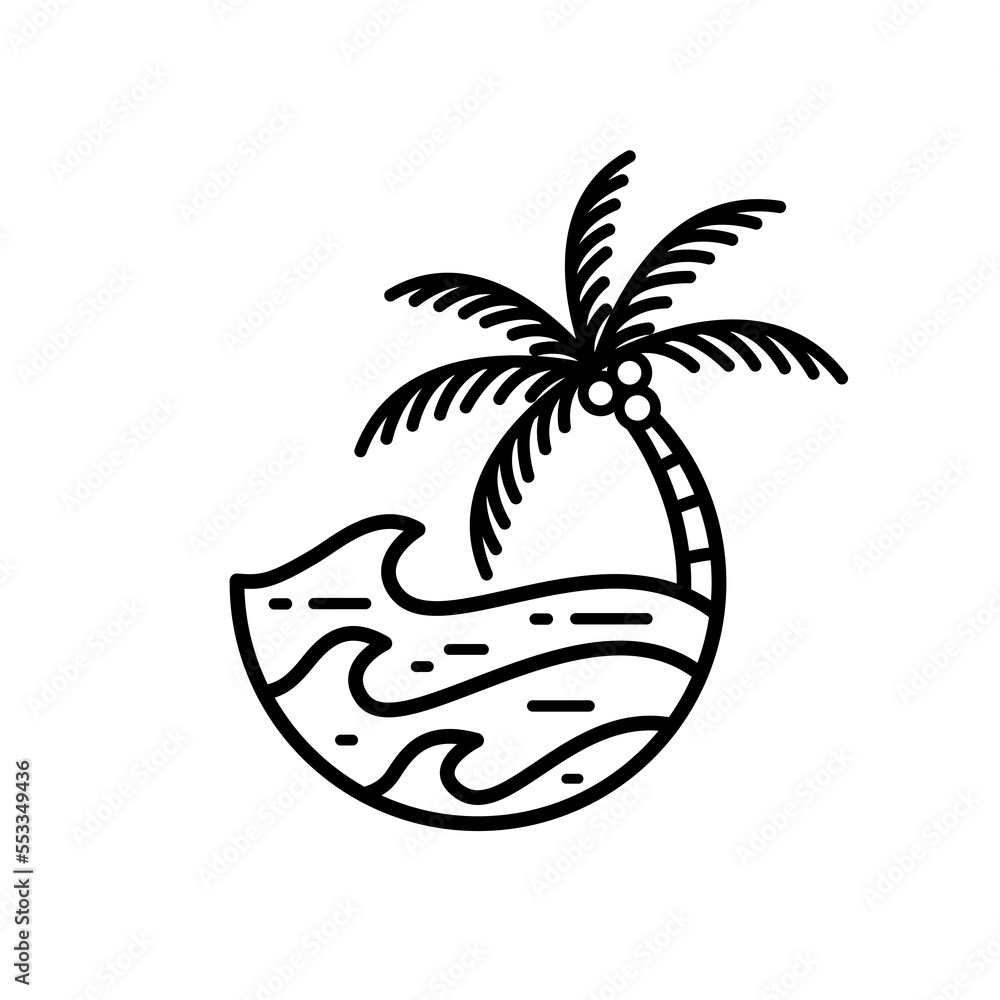 ocean wave tropical island and palm tree logo line art vector ...