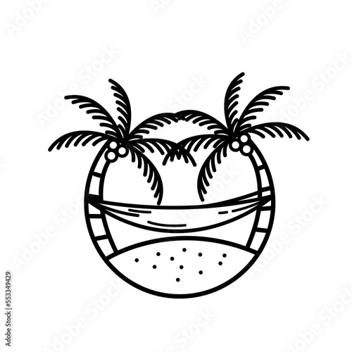 Tropical island with hammock and palm tree logo line art vector illustration